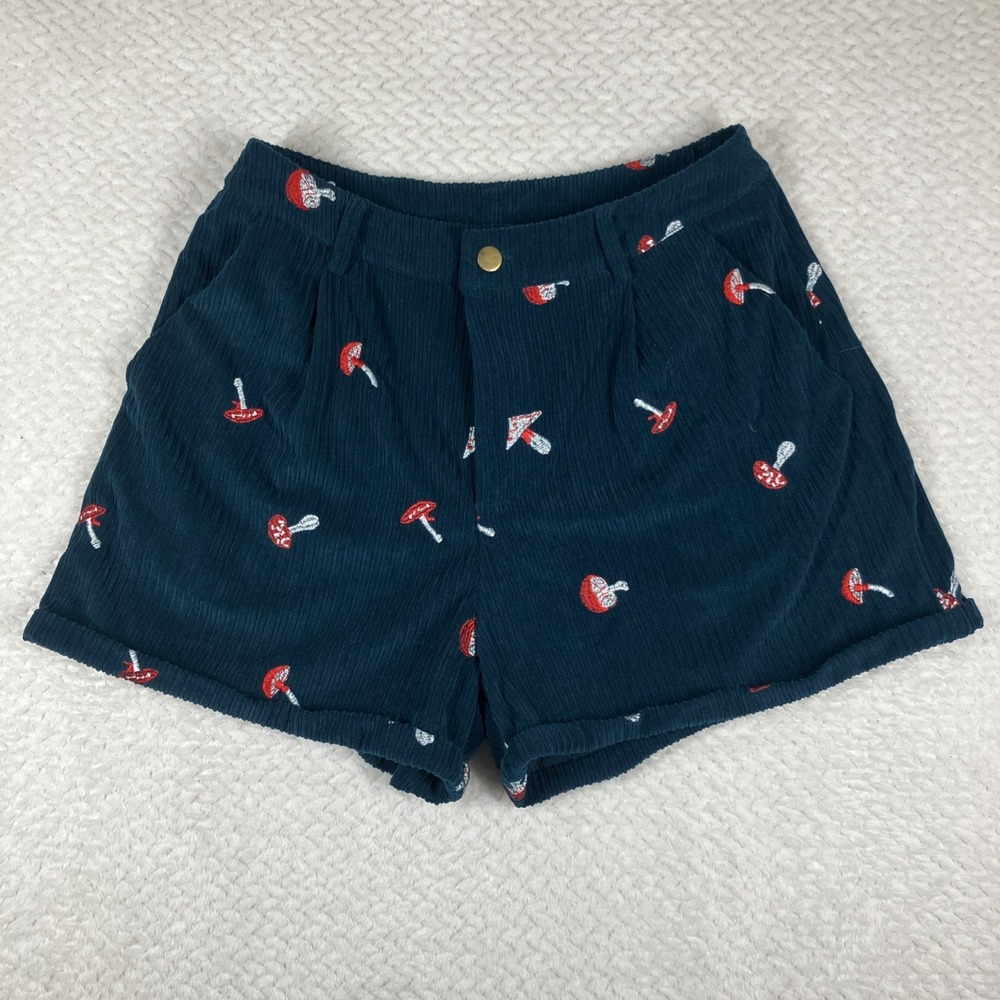 Cider Corduroy‎ Embroidered Mushroom Shorts Med Teal Grunge Fairy Festival Goth